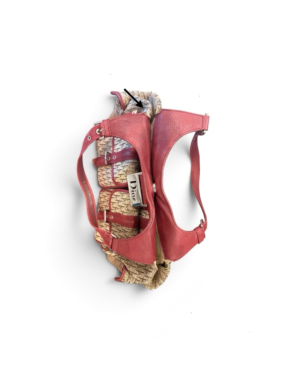 Dior Trotter Red Leather Trim Beige Logo Canvas Shoulder Bag - Picture 7 of 8